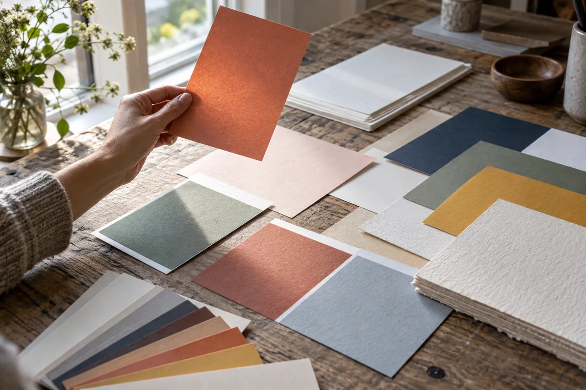 Feuilles de papier de grammages variés et échantillons imprimés d’aplats colorés unis étalés sur une table en bois, main tenant un échantillon
