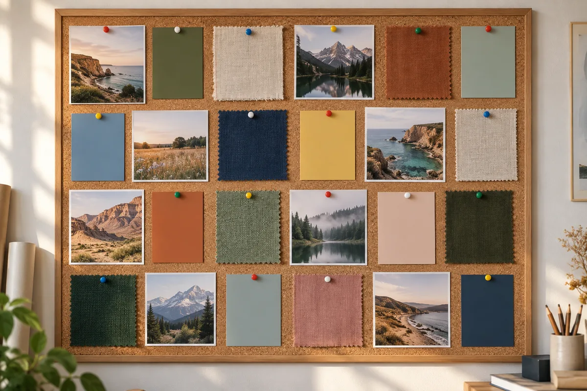 Panneau de liège d’un atelier graphique couvert de photographies de paysages, de morceaux de tissu et de nuanciers de couleurs unies épinglés