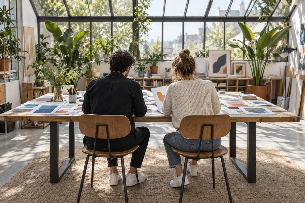 Deux personnes vues de dos assises côte à côte devant une grande table couverte de maquettes imprimées aux formes abstraites colorées, atelier lumineux sous verrière