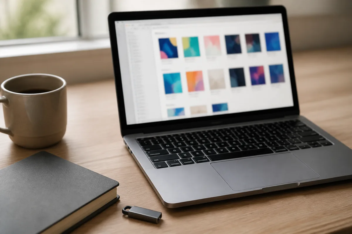 Dossier de marque ouvert sur un ordinateur portable montrant fichiers de logo et gabarits classés