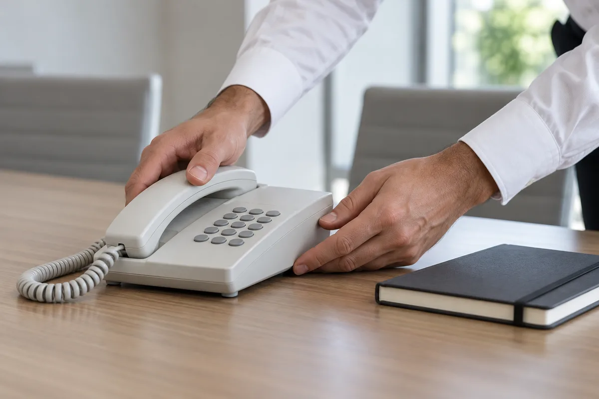Mains d&rsquo;un homme en chemise blanche posant un téléphone fixe sur une table de réunion à côté d&rsquo;un carnet fermé
