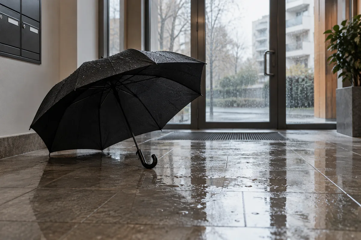Parapluie noir ouvert posé au sol dans une entrée d&rsquo;immeuble, gouttes de pluie sur le carrelage