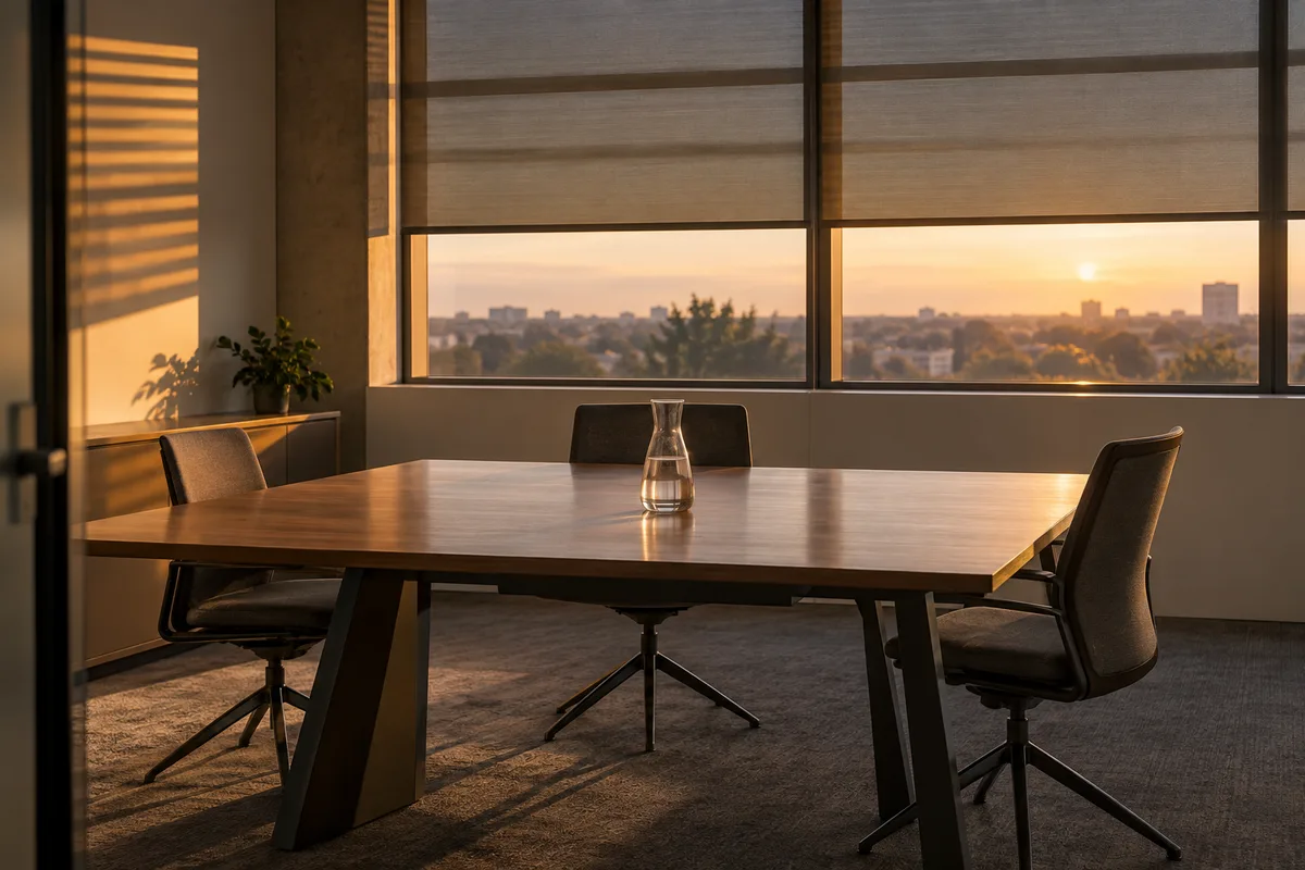 Table de réunion avec trois chaises et une carafe d&rsquo;eau, stores à demi baissés en fin de journée