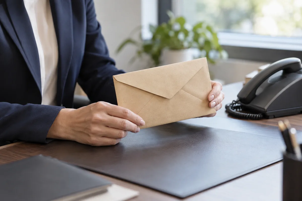 Mains d&rsquo;une femme en veste bleu marine tenant une enveloppe fermée au-dessus d&rsquo;un bureau, à côté d&rsquo;un téléphone fixe