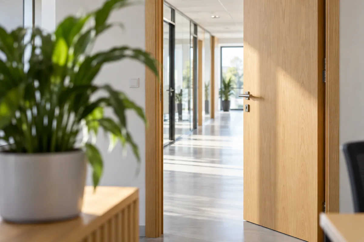Porte de bureau entrouverte sur un couloir lumineux, avec une plante verte au premier plan