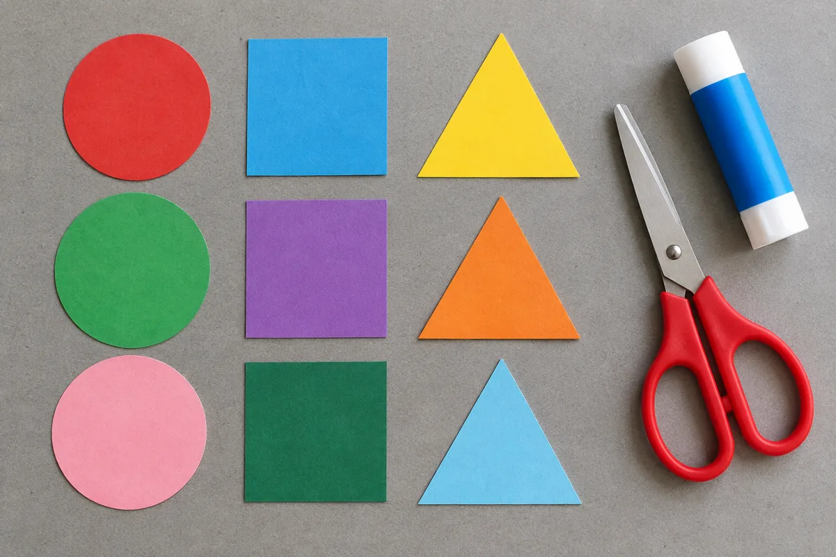 Formes rondes, carrées et triangulaires découpées dans du papier coloré, alignées sur un carton gris