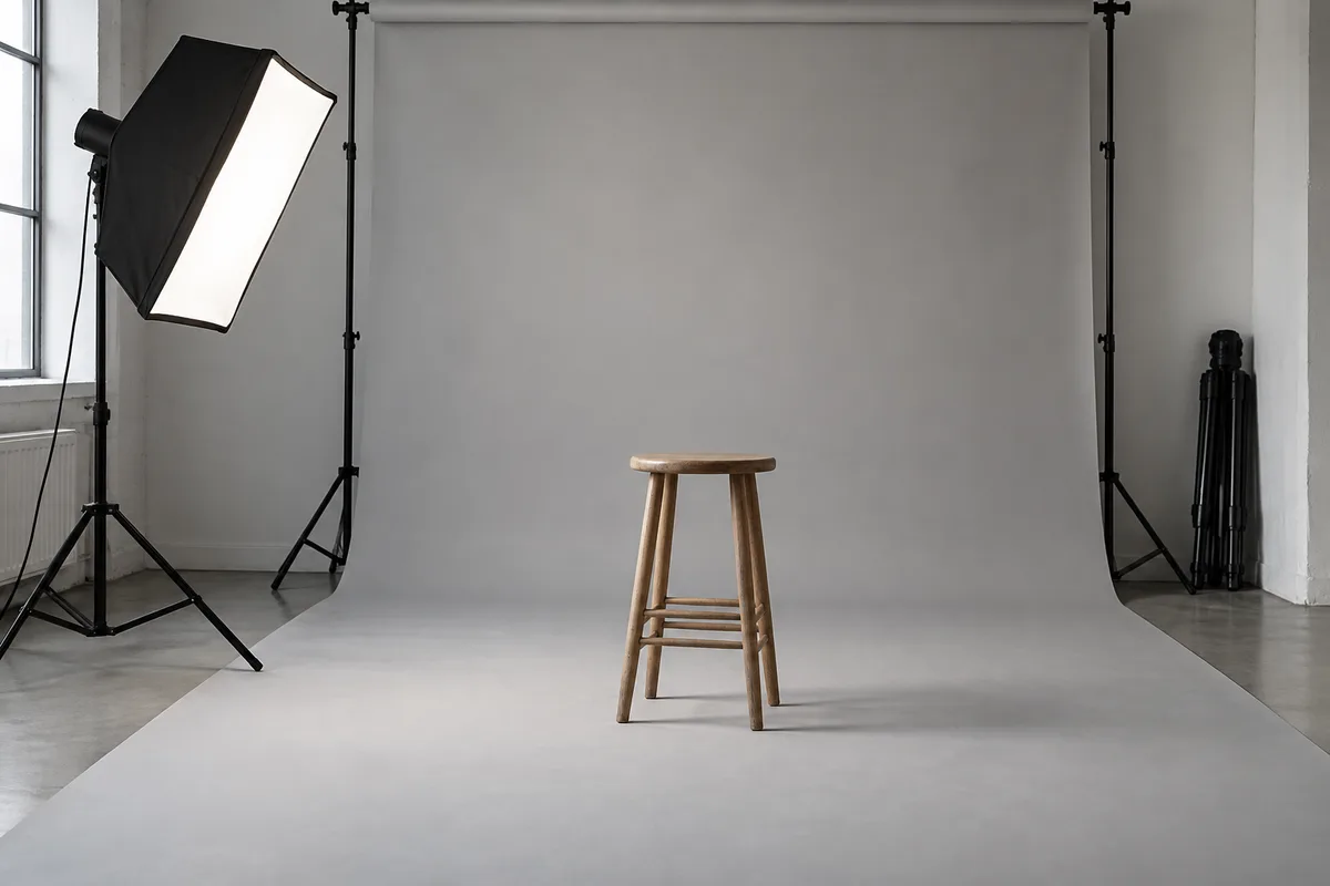 Fond de studio en papier gris clair avec un tabouret en bois vide et une boîte à lumière allumée