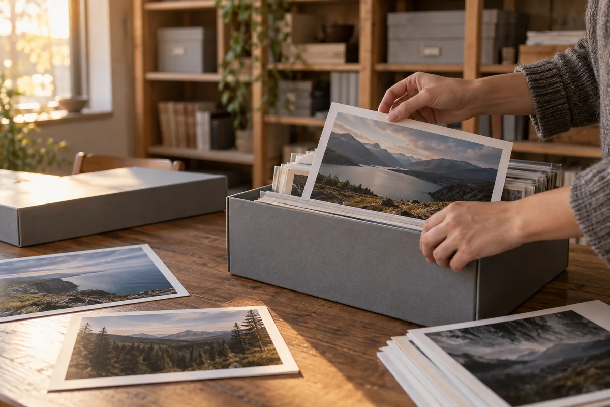 Mains classant des tirages photographiques dans une boîte d&rsquo;archives