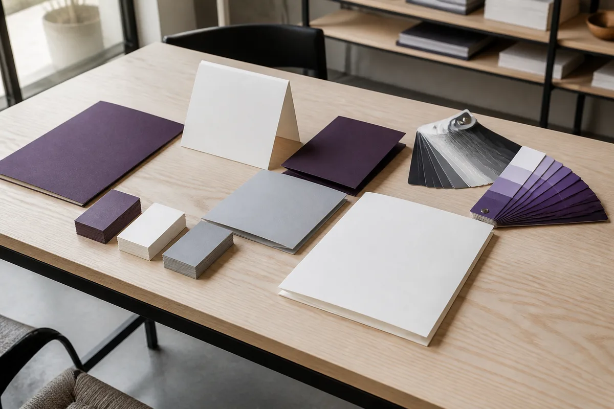 Table de travail avec plaquettes, cartes de visite et nuancier de couleurs disposés côte à côte