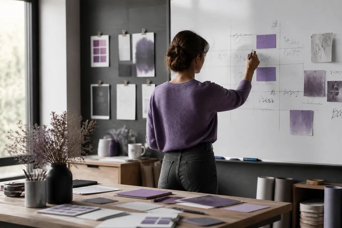 Dirigeante de petite entreprise annotant un calendrier de publications sur un tableau blanc