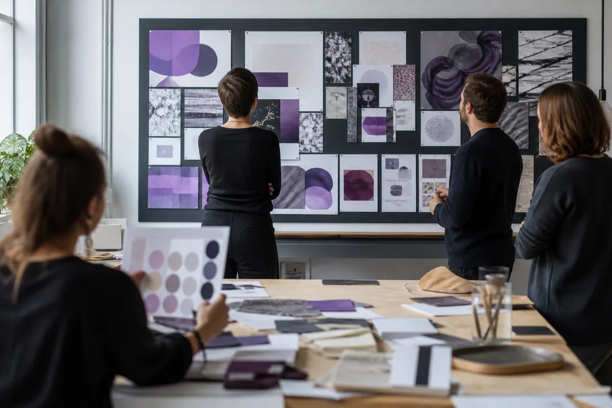 Réunion de travail autour d’un tableau où sont épinglées des fiches d’objectifs et de cibles