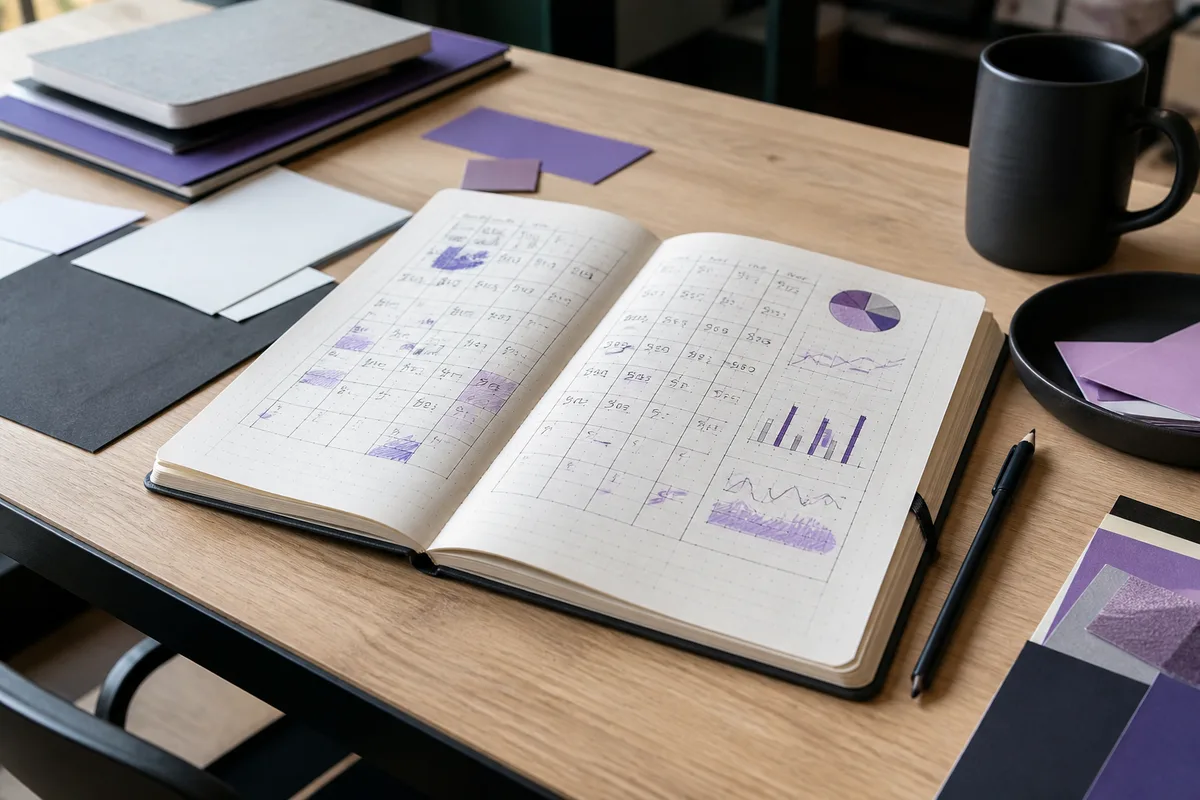 Carnet ouvert présentant un tableau de suivi mensuel avec quelques indicateurs chiffrés