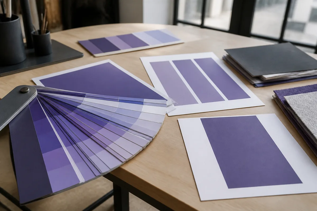 Nuancier de couleurs déployé à côté d&rsquo;échantillons imprimés d&rsquo;une même teinte