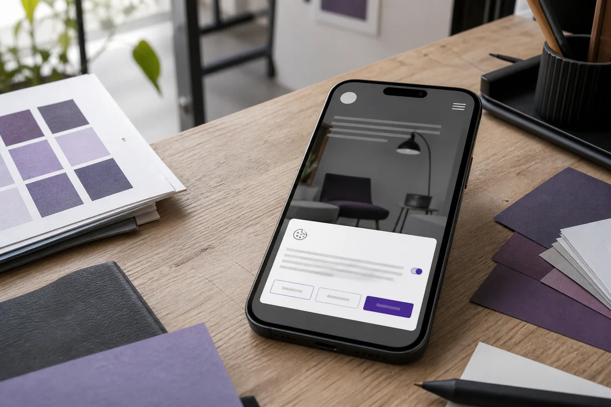 Écran de téléphone affichant une bannière de consentement aux cookies sur un site professionnel