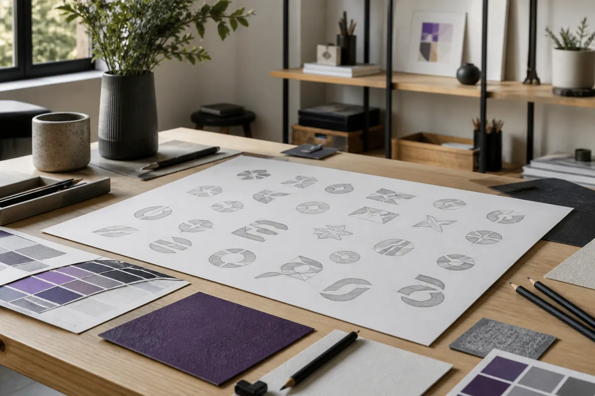 Planche de recherche présentant plusieurs esquisses de logo au crayon