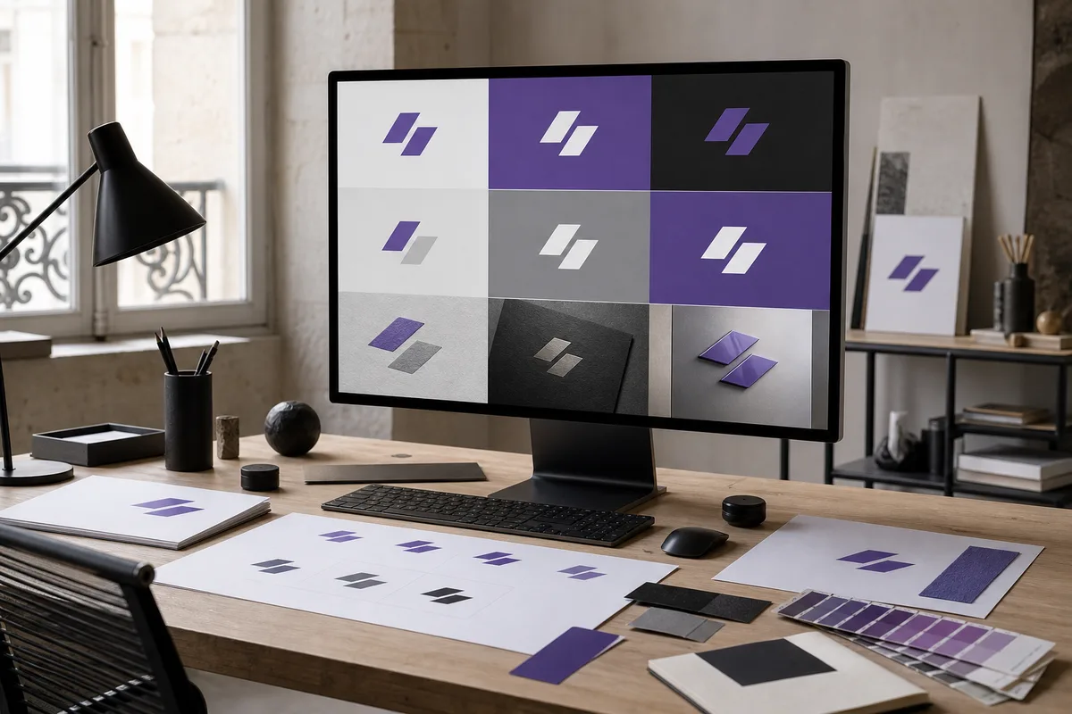 Poste de travail affichant les déclinaisons d’un logo dans plusieurs formats de fichiers