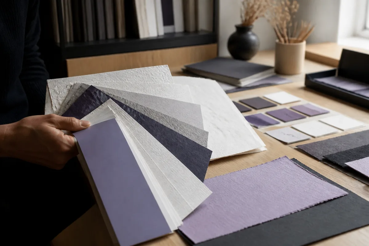 Échantillons de papiers de différents grammages et textures présentés en éventail