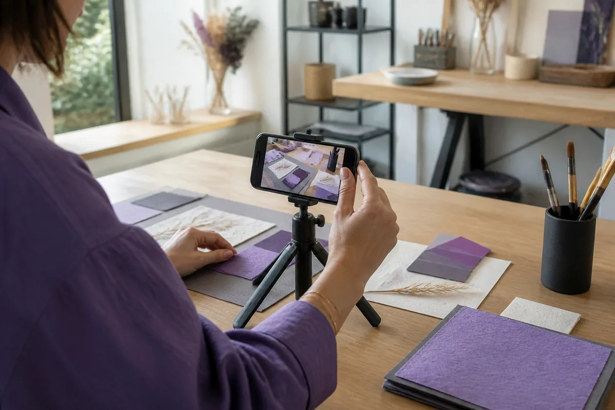 Artisan photographiant son travail avec un téléphone posé sur un petit trépied